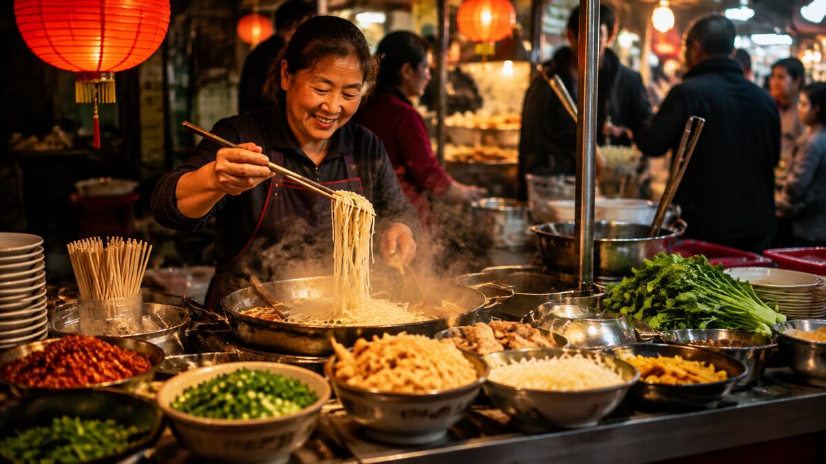 亚洲夜市摊位现场制作面食